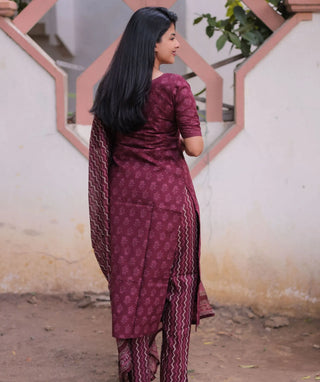 Mulberry Wine Cotton 3-Piece Set with Elbow Sleeves