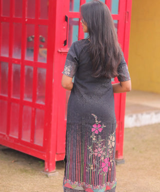 Noir Petals Cotton Kurti with Elbow Sleeves for Daily Wear