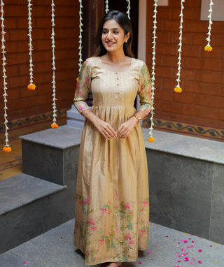 Festive Maxi Dress in Cream Tussar Silk with Blossom Print