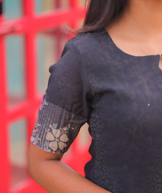 Noir Petals Cotton Kurti with Elbow Sleeves for Daily Wear