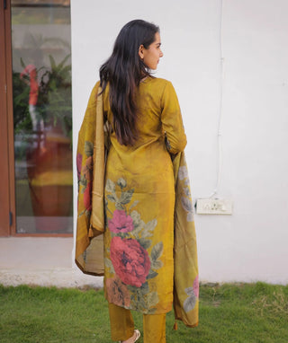 Antique Mustard Gold Hand Embroidered Muslin 3 Piece Set