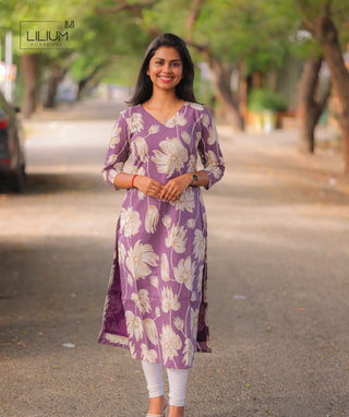 Floral Lavander Cotton Kurti with Open Slit & 3/4th Sleeves
