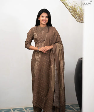 Mocha Bronze Blossom Muslin 3 Piece Festive Wear Set