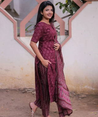 Mulberry Wine Cotton 3-Piece Set with Elbow Sleeves
