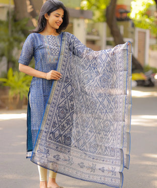 Chanderi Silk Kurti with Shawl in Celestial Blue