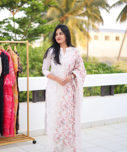 Dawn's Embrace - White Kurti With Soft Pink Floral Prints with Shawl