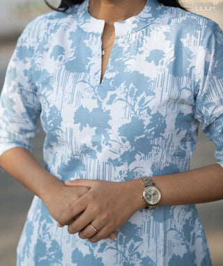 Skyline Blossom Blue Cotton Kurti – 3/4 Sleeve Style