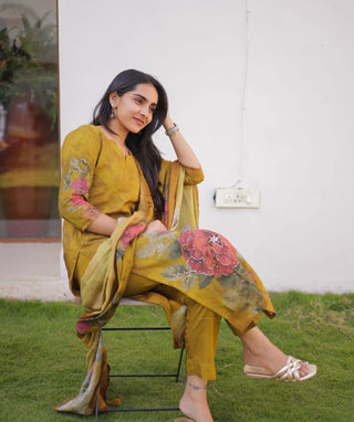 Antique Mustard Gold Hand Embroidered Muslin 3 Piece Set