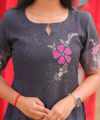 Noir Petals Cotton Kurti with Elbow Sleeves for Daily Wear