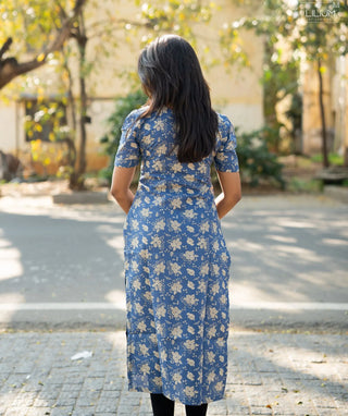 Denim Blossom Cotton Kurti with Elbow Sleeves – Casual
