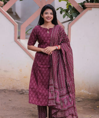 Mulberry Wine Cotton 3-Piece Set with Elbow Sleeves