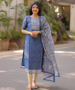 Chanderi Silk Kurti with Shawl in Celestial Blue