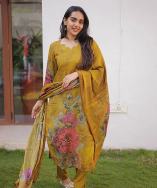 Antique Mustard Gold Hand Embroidered Muslin 3 Piece Set