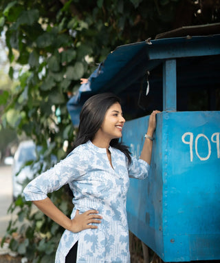 Skyline Blossom Blue Cotton Kurti – 3/4 Sleeve Style