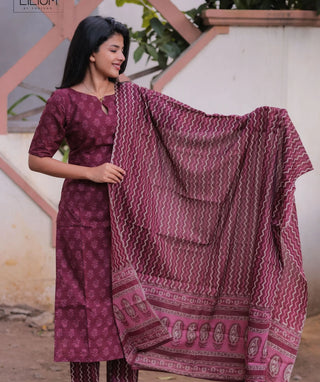 Mulberry Wine Cotton 3-Piece Set with Elbow Sleeves