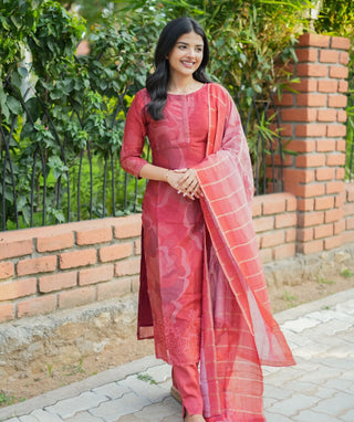 Brick Red Muslin 3-Piece Festive Wear Set with Embroidery