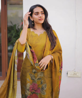 Antique Mustard Gold Hand Embroidered Muslin 3 Piece Set