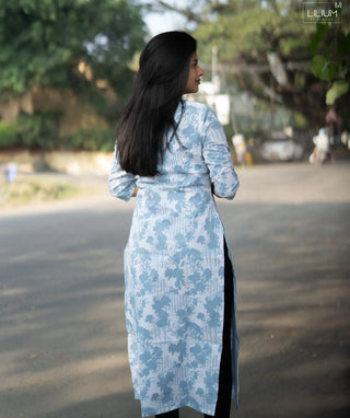 Skyline Blossom Blue Cotton Kurti – 3/4 Sleeve Style