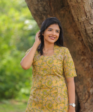 Golden Olive Cotton Straight Kurti with Elbow Sleeves | Everyday Elegance