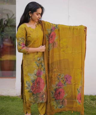 Antique Mustard Gold Hand Embroidered Muslin 3 Piece Set