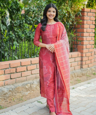 Brick Red Muslin 3-Piece Festive Wear Set with Embroidery