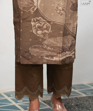 Mocha Bronze Blossom Muslin 3 Piece Festive Wear Set