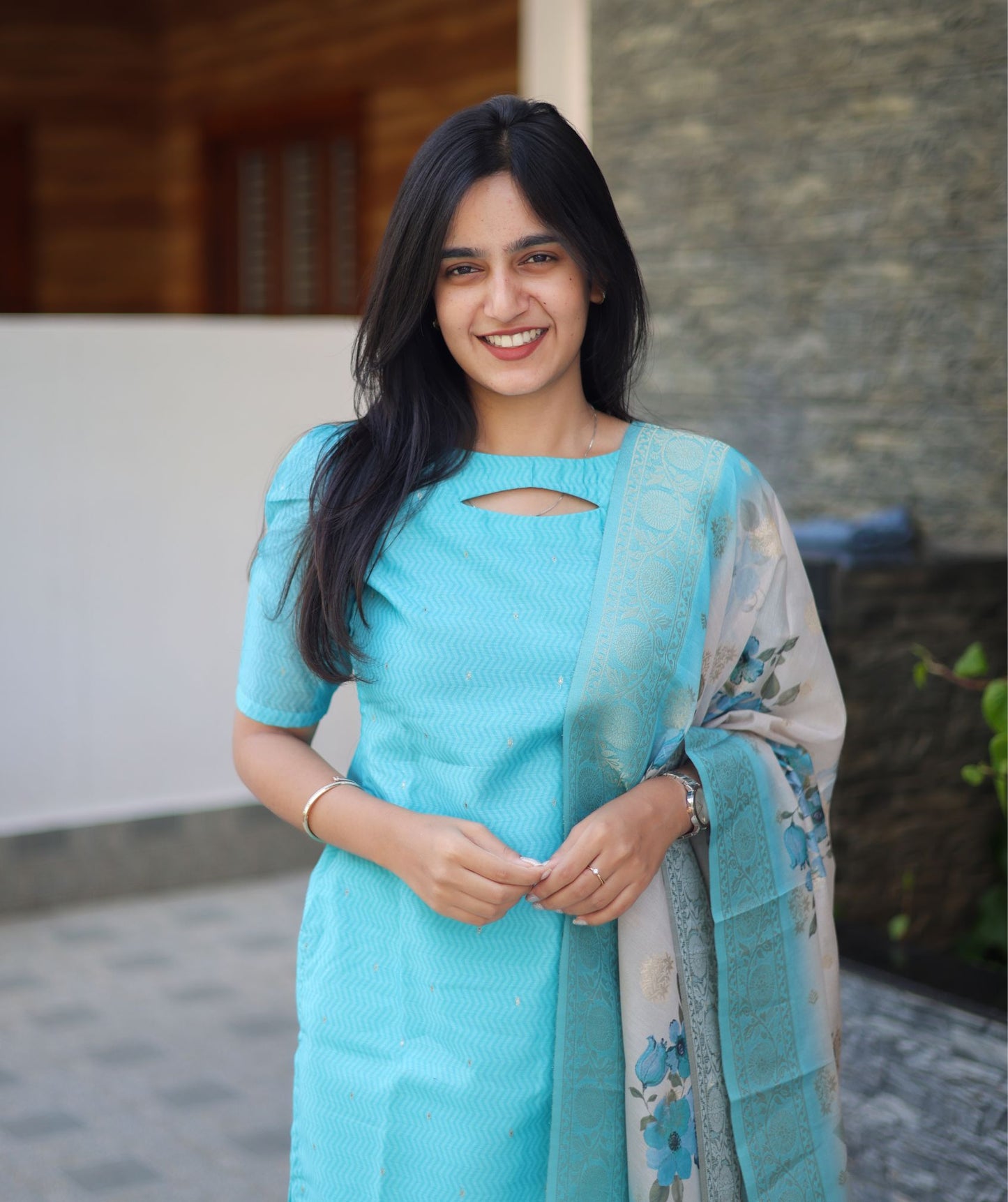 Teal Tapestry - Sky Blue Kurti With Banaras Shawl