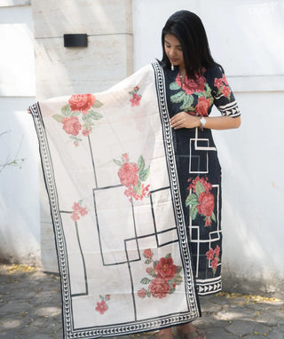 Midnight Bloom Cotton Kurti with Shawl & Elbow Sleeves