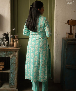 Seafoam Blossom Cotton Co-ord Set with 3/4 Sleeves