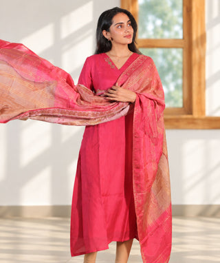 Raspberry Rose Blush Hand Embroidered A-Line Kurti with Shawl