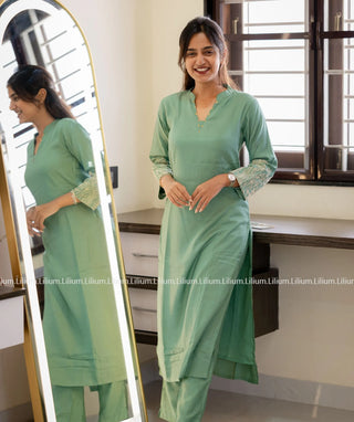 Turquoise Green Co-ords Dress with Embroidery - Casual Wear