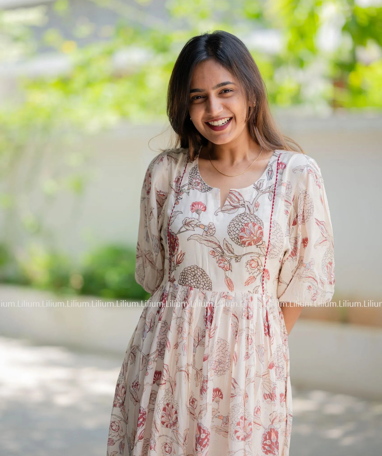 Cream Floral Printed Muslin Maxi Dress