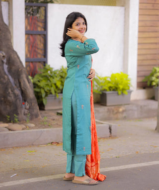Ocean Coral Blossom Muslin Silk Festive 3 Piece Set