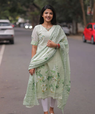 Mint Blossom Whisper Soft Cotton Kurti with Shawl