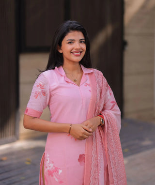 Rosé Blossom Mul Cotton Kurti with Shawl