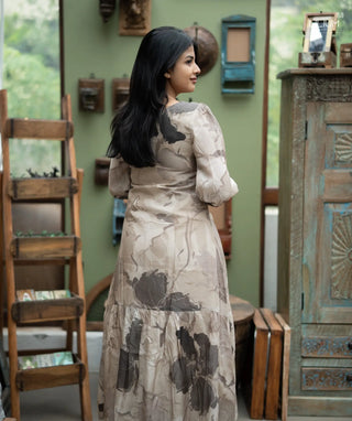 Calm Blossom Muslin Maxi Dress with 3/4 Sleeves & Pockets