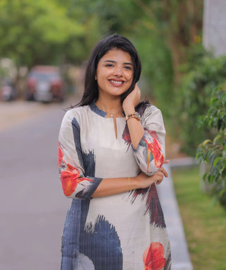 Ivory Coral Indigo Textured Muslin Cotton Kurti