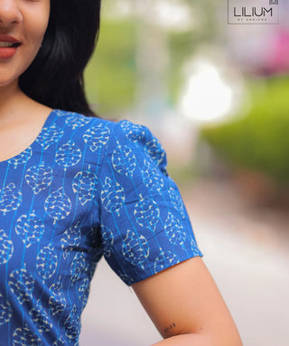 Azure Blue Handblock Cotton Short Top – Casual Wear