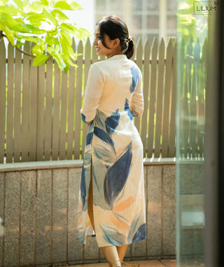 Pale Yellow Cotton Linen Kurti with Blue Blossom Print