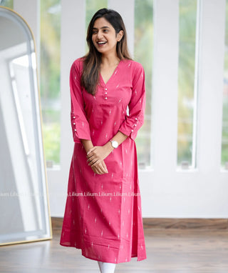 Pink Handloom Cotton Aline Kurti - Casual Wear