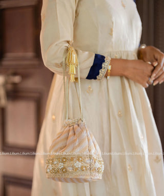 Cream Anarkali Suit with Shawl - Tissue Silk