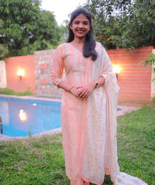 Peach Embroidered Festive 3-Piece Set in Pure Muslin