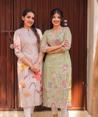 Sage Blossom Cotton Kurti – 3/4 Sleeves Everyday Wear