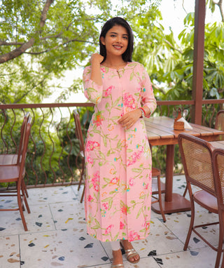 Blush Peony Blossom Linen Cotton Kurti for Women