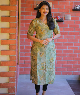 Olive Dew Shimmer Muslin Kurti – Elegant Elbow Sleeves