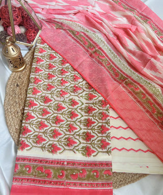 Halfwhite & Pink Cotton Unstitched Suit for Casual Wear