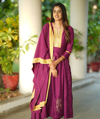 Elegant Burnt Burgundy 3-Piece Festive Set with Embroidery