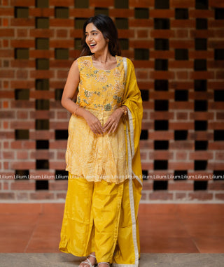 Yellow Muslin Silk Sharara Set for Festive Wear