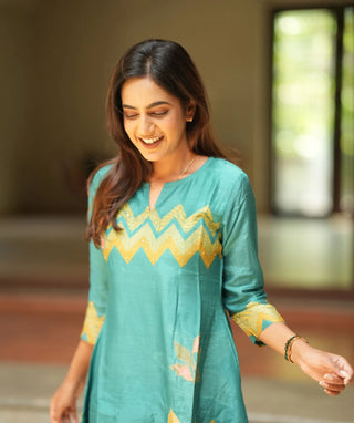 Turquoise Blue Muslin Aline Kurti - Handcrafted Embroidery