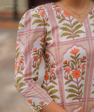 Ivory Peach Bloom A-Line Cotton Kurti with Pockets
